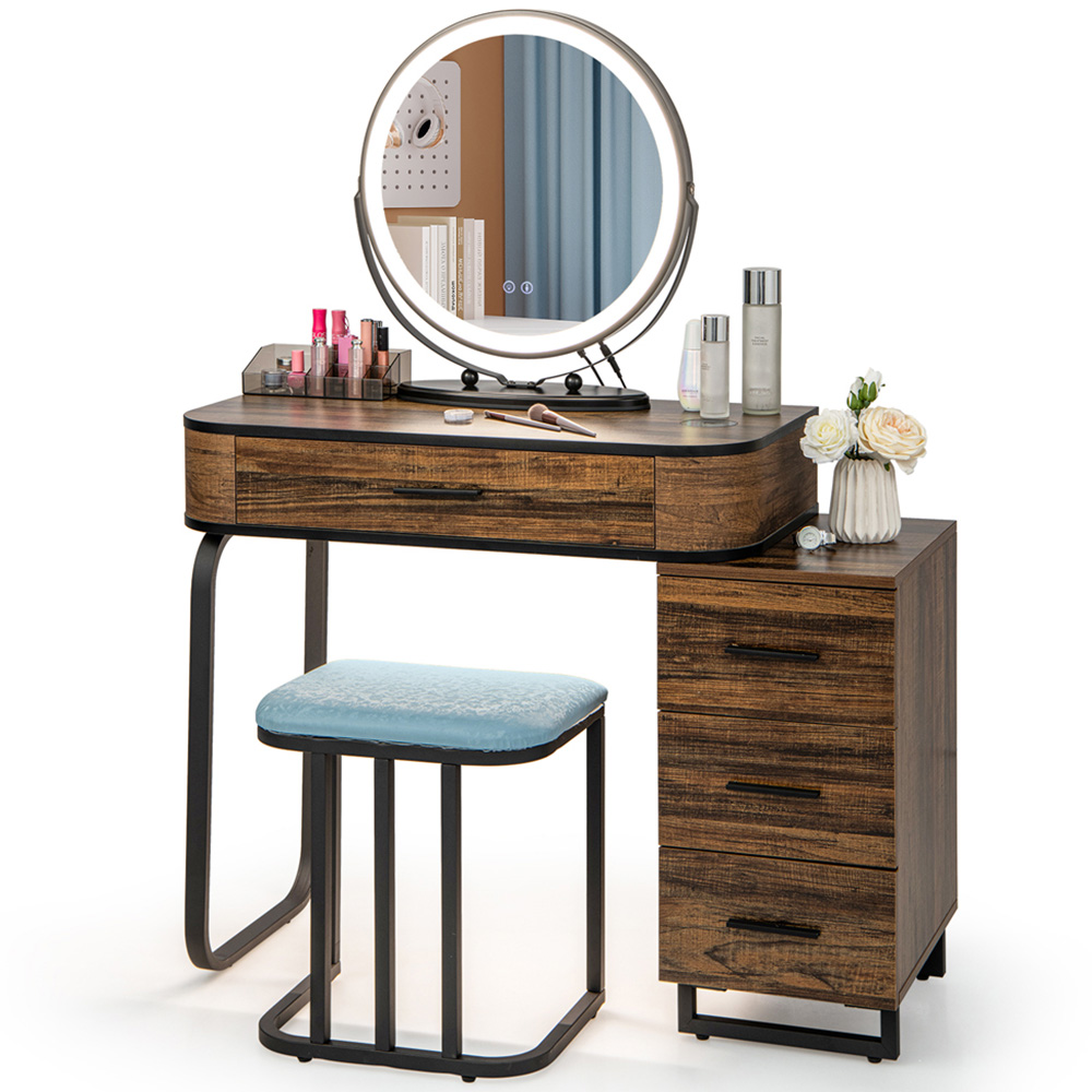 Costway 4 Drawer Brown Swivel Vanity Dressing Table Set with LED Mirror Image 2