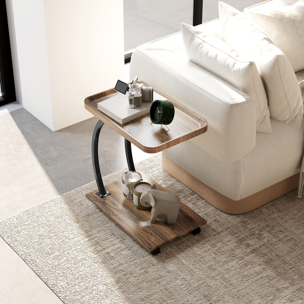 HOMCOM Brown 2-Tier C Shaped Side Table with Wheels Image 5
