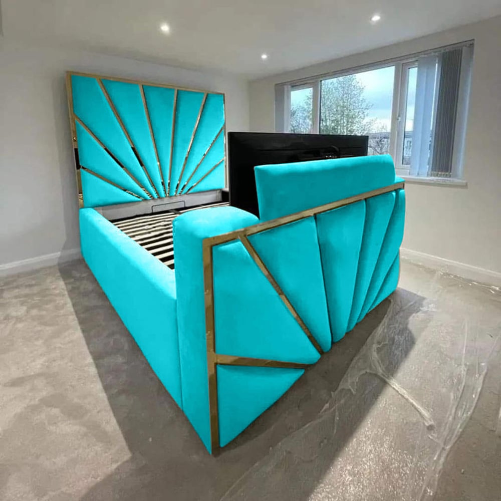 Eleganza Home Leniva Super King Size Teal Plush TV Bed Frame with Headboard and Footboard Image 2
