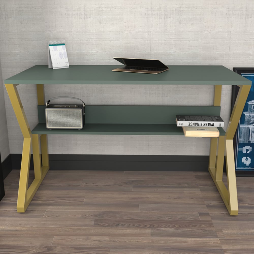 Decorotika Wake Single Shelf Computer Desk Green and Gold Image 1