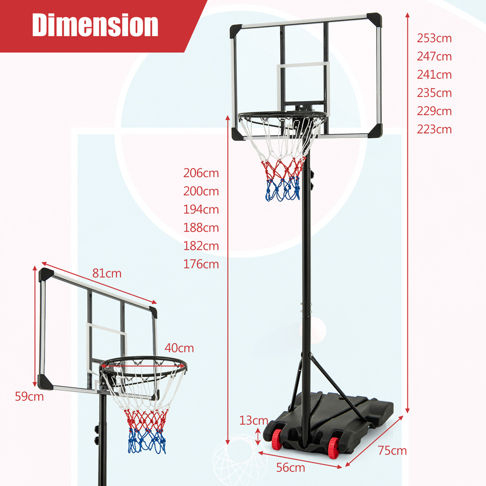 Costway Adjustable Height Portable Basketball Hoop with Front Wheels Image 9