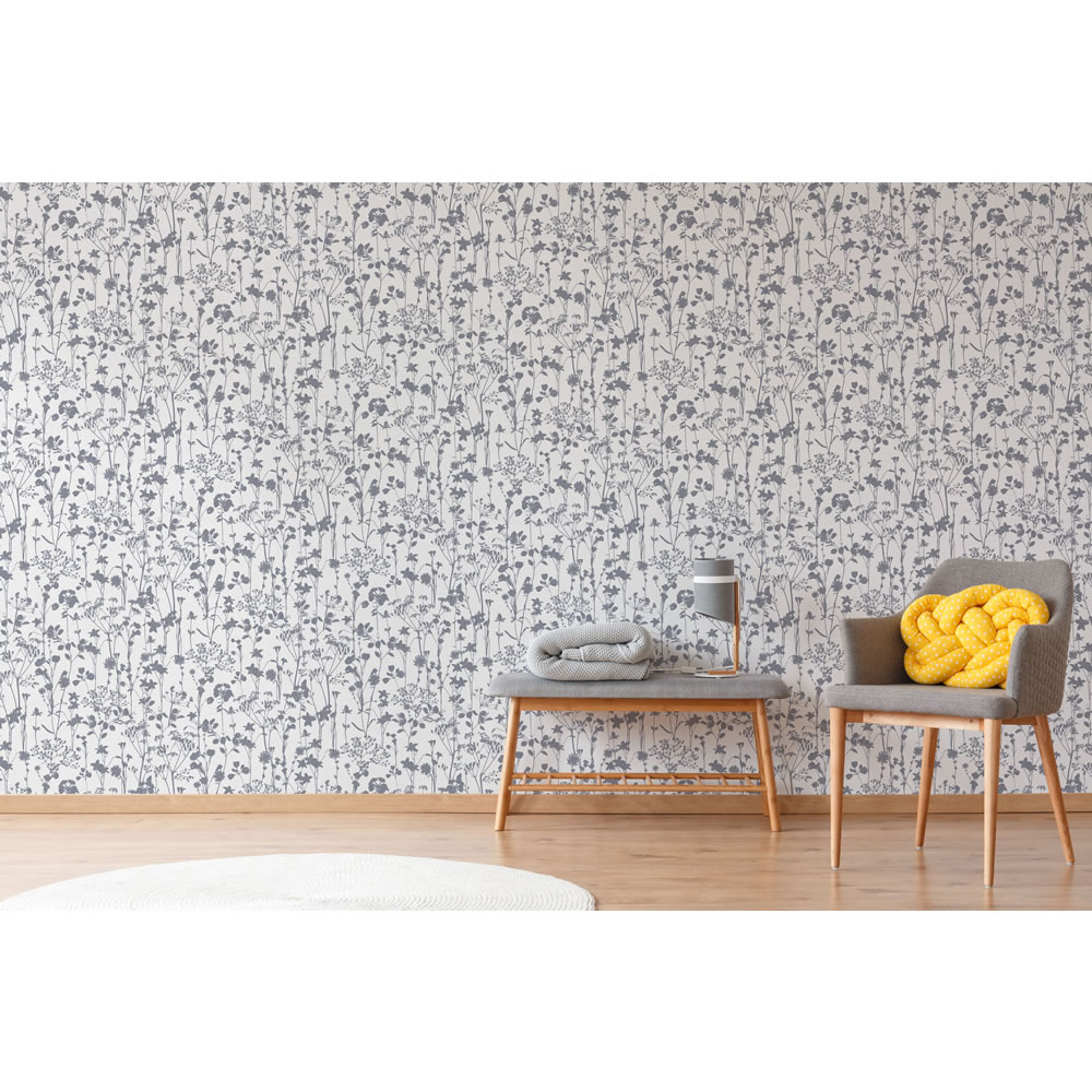 Wilko Wallpaper Country Sprigs Grey &amp; Lilac Wilko