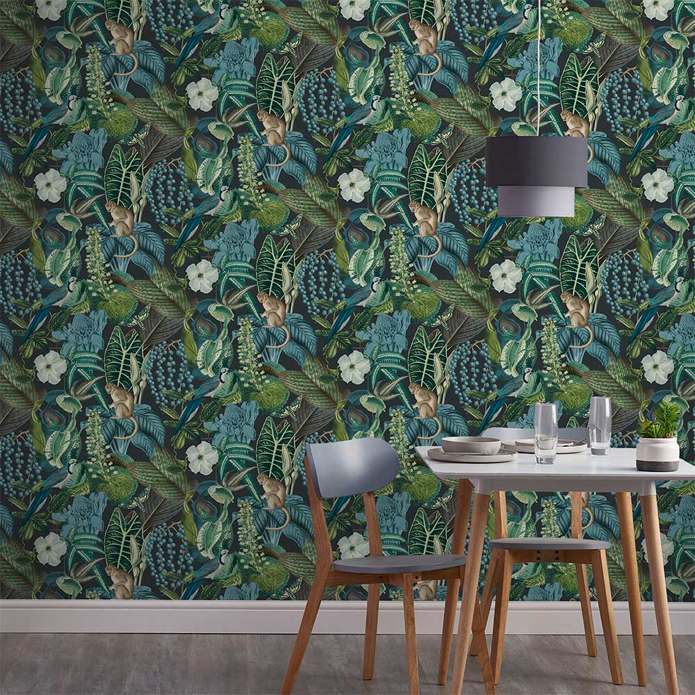 Grandeco Amazon Botanical Wildlife Jungle Green and Blue Teal Textured Wallpaper Image 3