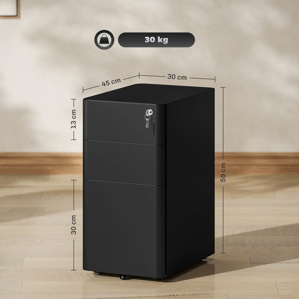 Vinsetto 3 Drawer Black Steel Lockable Filing Cabinet on Wheels Image 9
