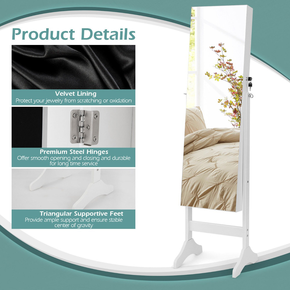 Costway White Freestanding Jewellery Cabinet with Full Length and Inner Mirror Image 8