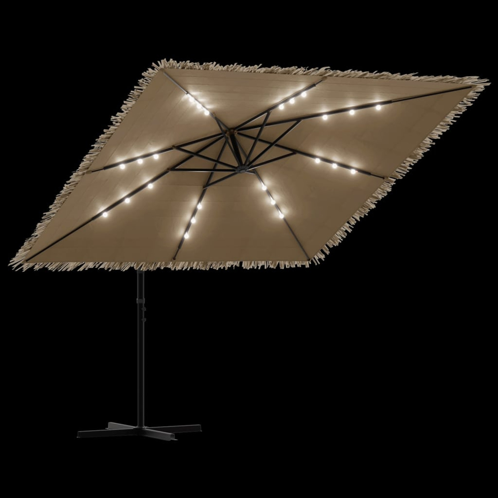 vidaXL Brown LED Light Straw Top Cantilever Parasol with Steel Pole 2.4m Image 8