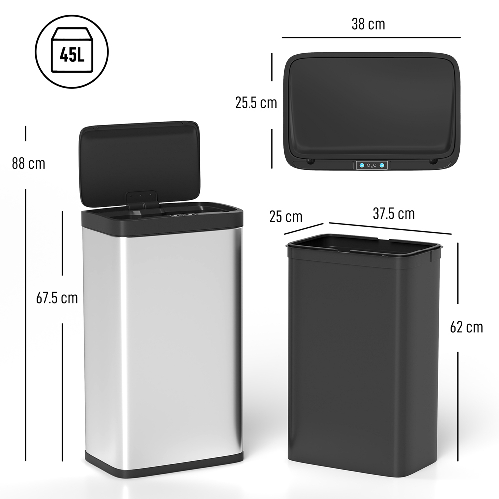 HOMCOM Silver and Black Stainless Steel Slim Automatic Sensor Bin 45L Image 9