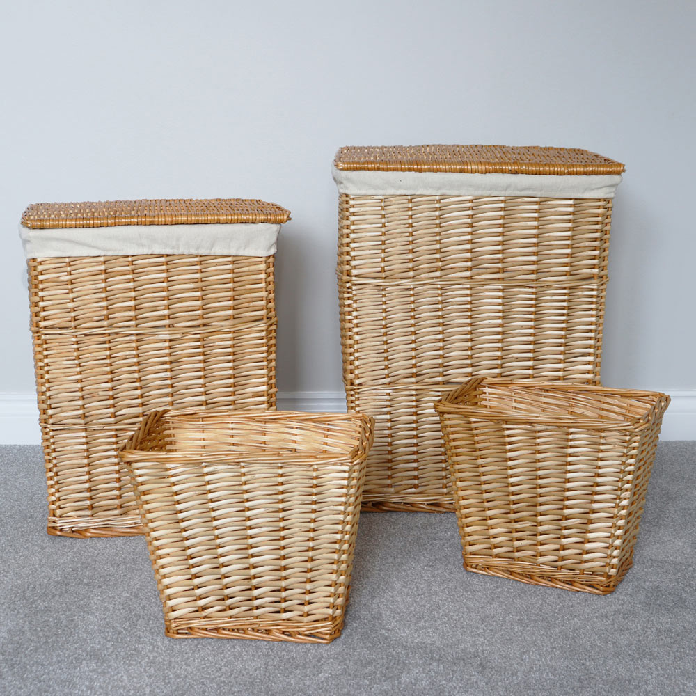 JVL Acacia Honey Rectangular Willow Laundry Baskets Set of 2 with 2 Waste Paper Baskets Image 2
