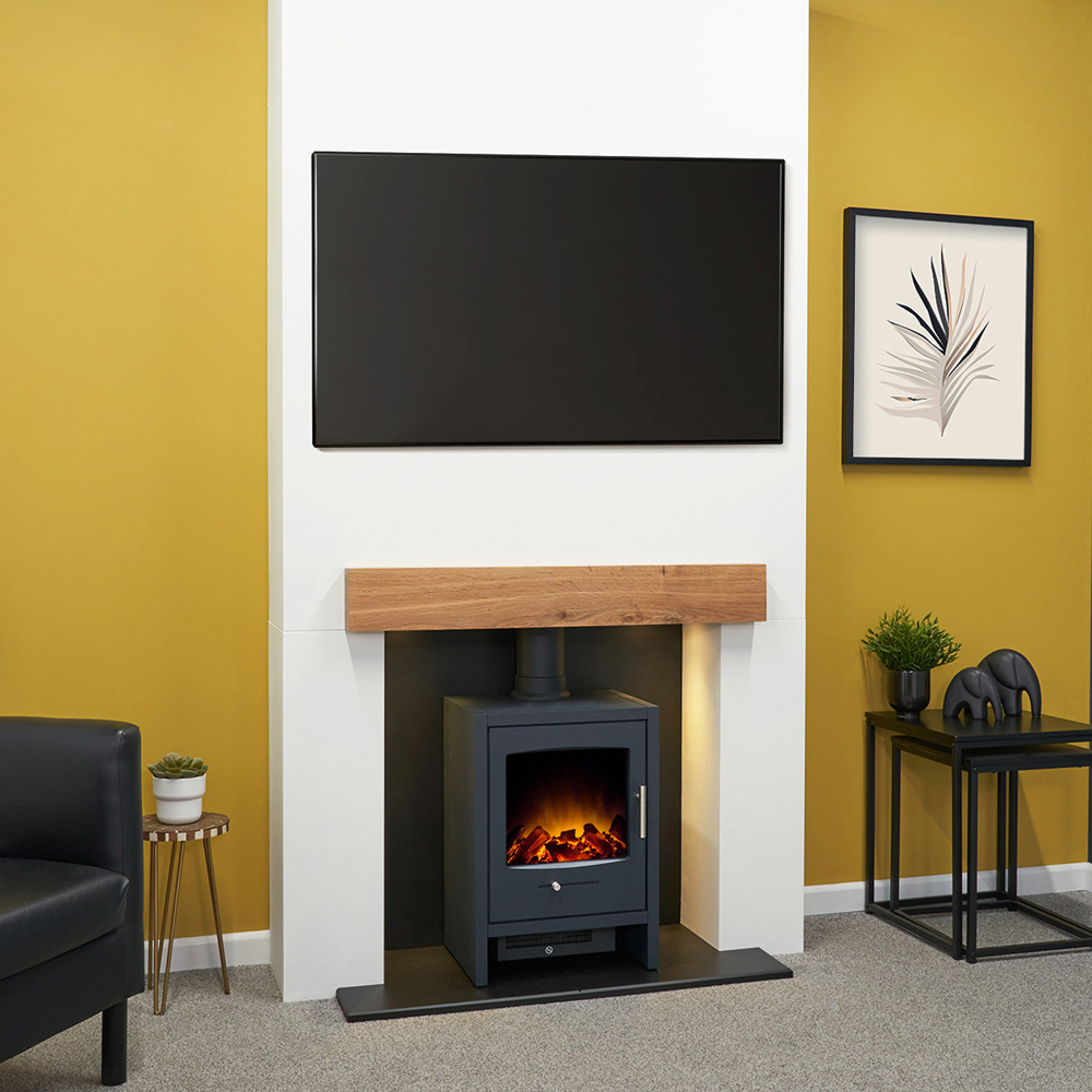 Acantha Pre-Built Media Wall 1 with Charcoal Grey Bergen Electric Stove Image 2