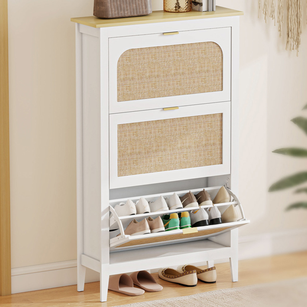 HOMCOM Boho 21 Pair White Rattan Slim Shoe Cabinet Image 1