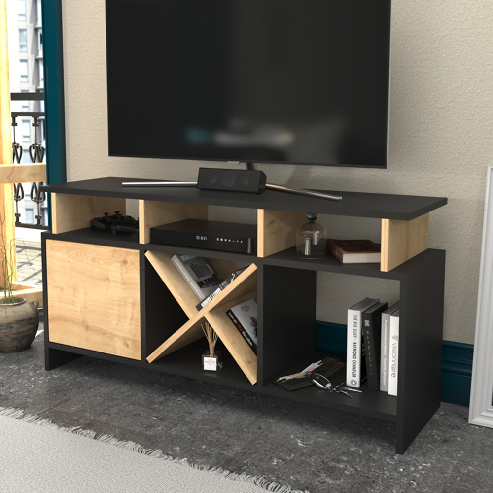Decorotika Aurburn Single Door 8 Shelf Anthracite and Sapphire Oak TV Unit Image 1
