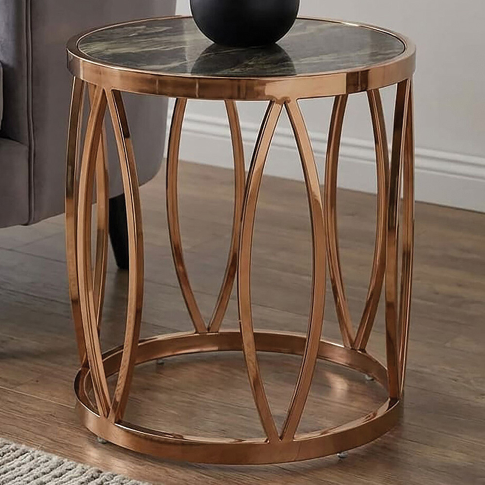 Premier Housewares Tula Rose Gold Leaf Design Round Side Table with Faux Marble Top Image 1