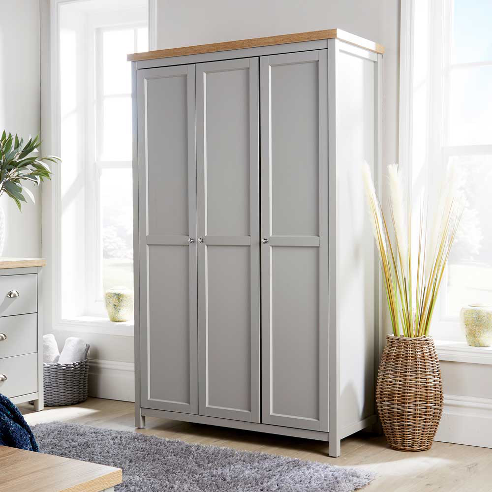 Home Source Avon 3 Door Light Grey with Oak Top Wardrobe Image 7
