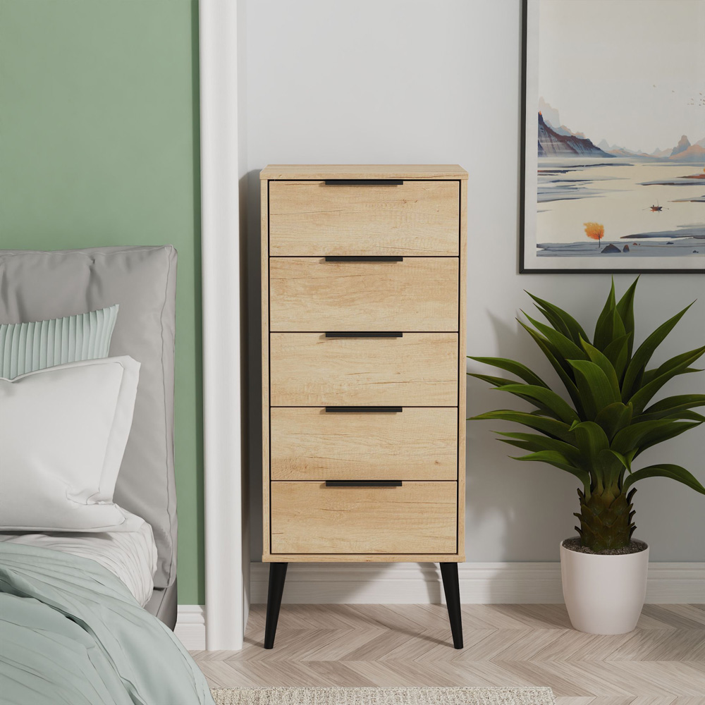 Crowndale Hong Kong 5 Drawer Nebraska Oak Tall Bedside Cabinet Ready Assembled Image 7