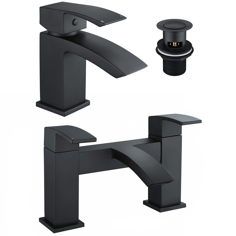 Nes Home Nexa Waterfall Matte Black Bath Filler and Basin Mixer Tap with Waste Image 1