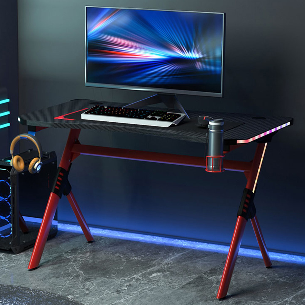 Portland RGB LED Gaming Desk with Cup Holder Black and Red Image 1