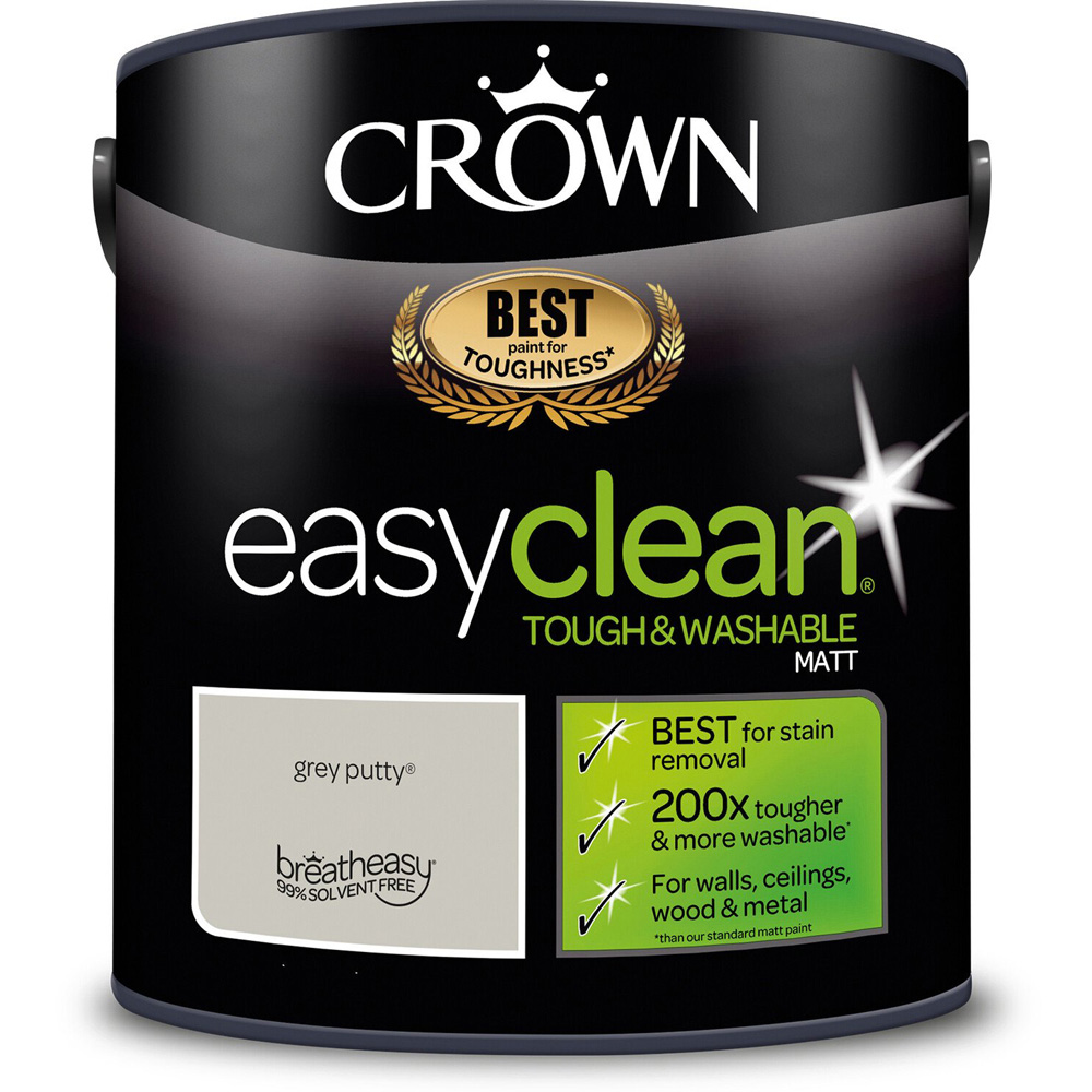 Crown Easyclean Grey Putty Matt Emulsion Multisurface Paint 2.5L Image 2