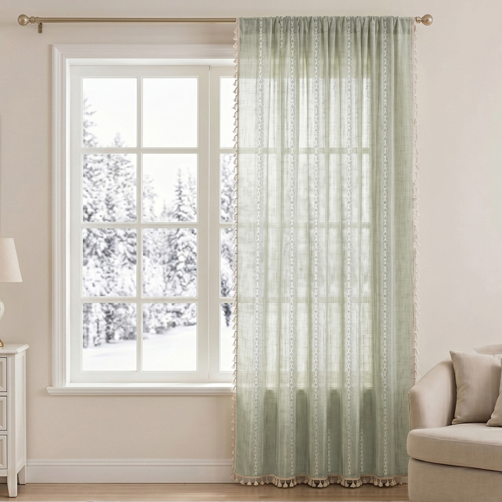 Living and Home Light Green Boho Tassel Faux Linen Curtain 132 x 180cm Image 1