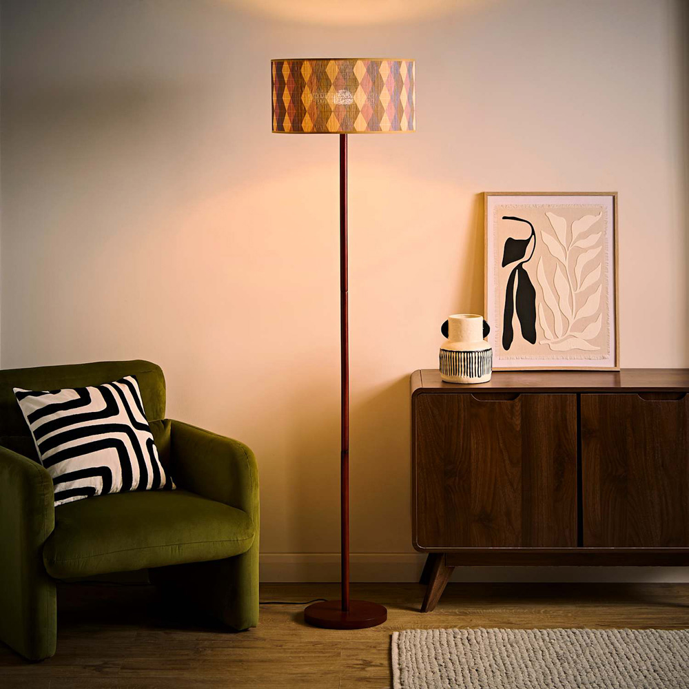 ValueLights Heather Diamond Print Bamboo Drum Shade Dark Wood Stem Floor Lamp with Bulb Image 2
