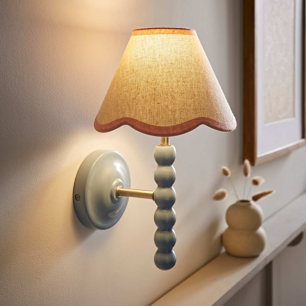 ValueLights Pink Trim Scallop Shade Blue Bobbin LED Wall Light with Bulb Image 3