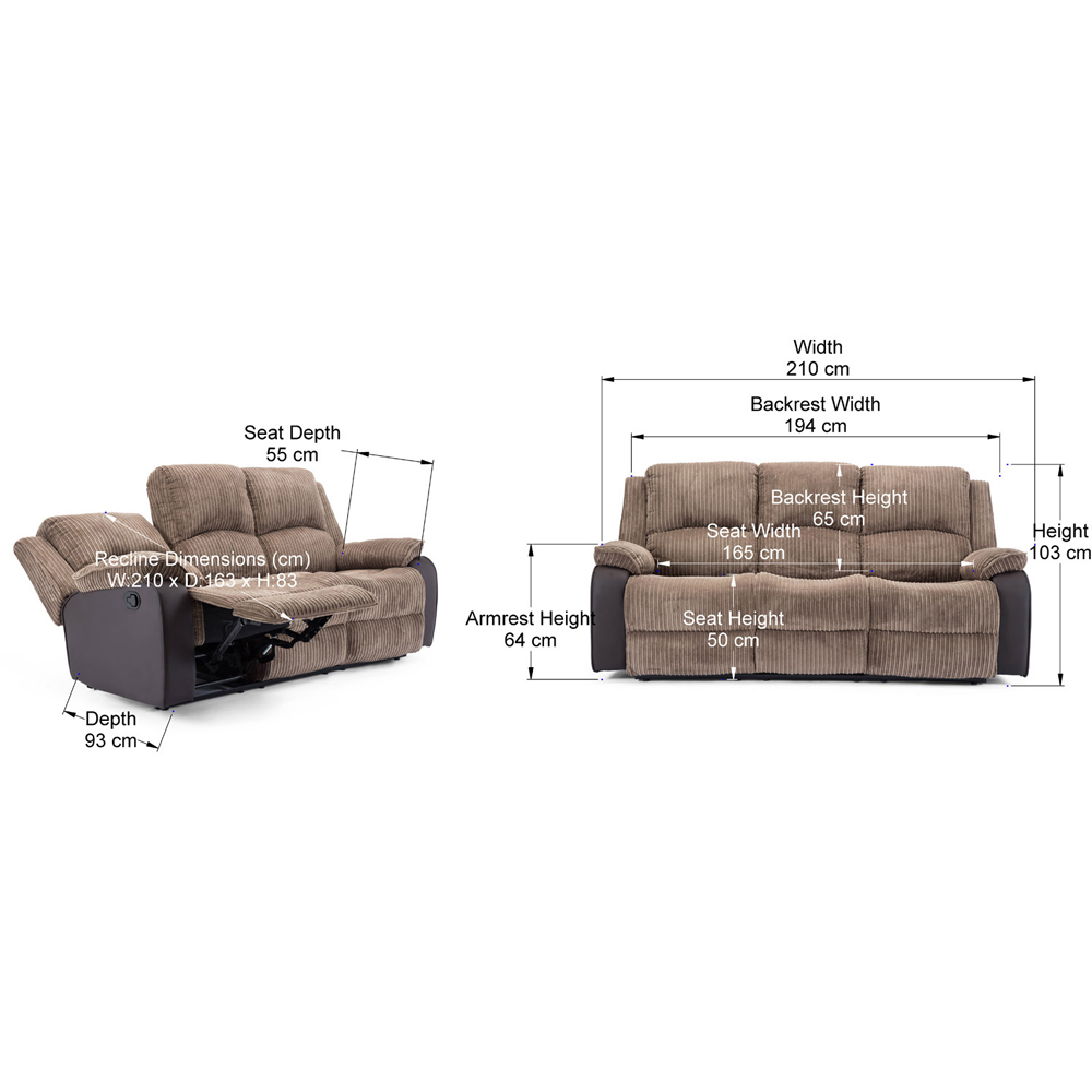 Furniture Online Postana 3 Seater Grey High Back Jumbo Cord Manual Recliner Sofa Image 9