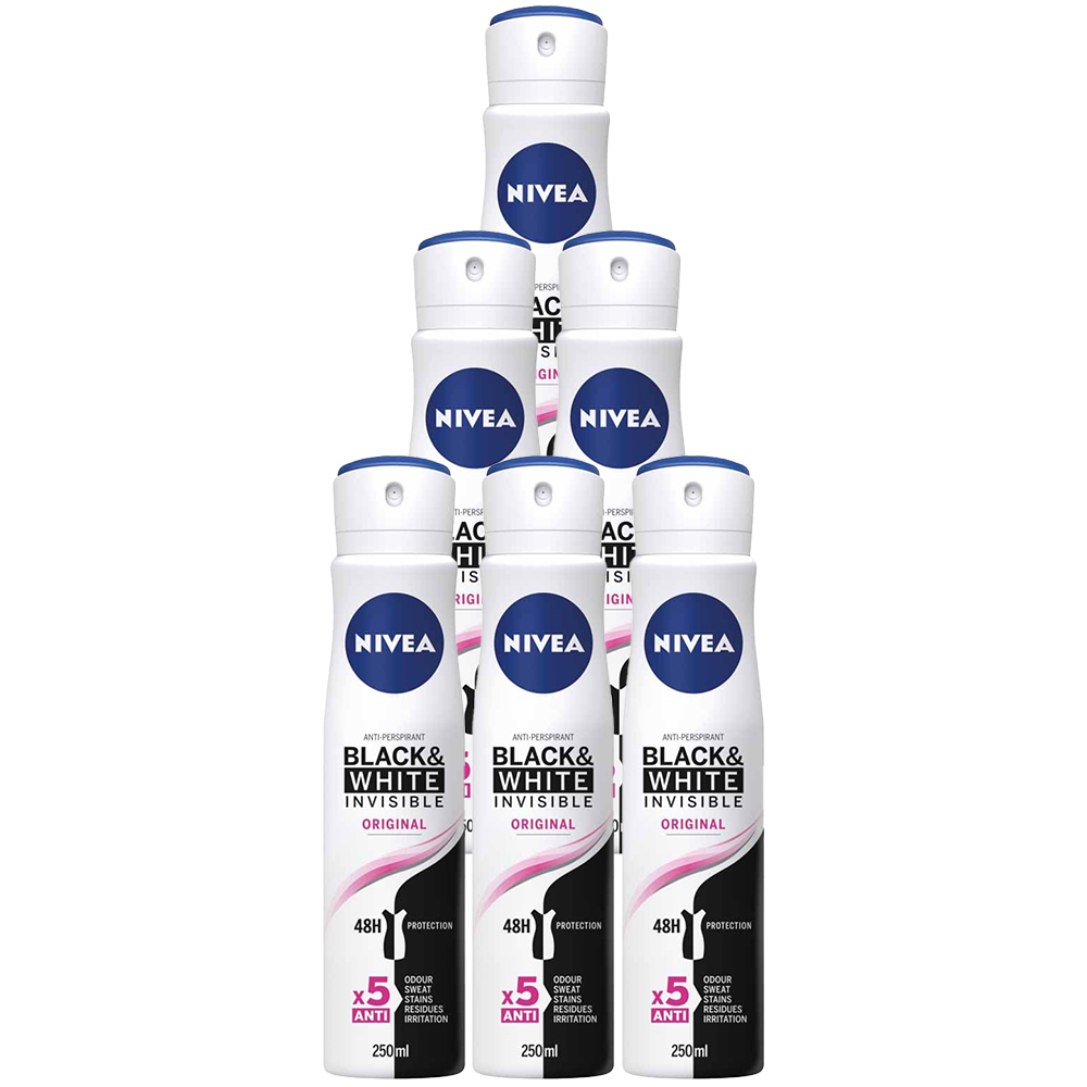 Nivea Black and White Invisible Original Anti Perspirant Deodorant Spray Case of 6 x 250ml Image 1