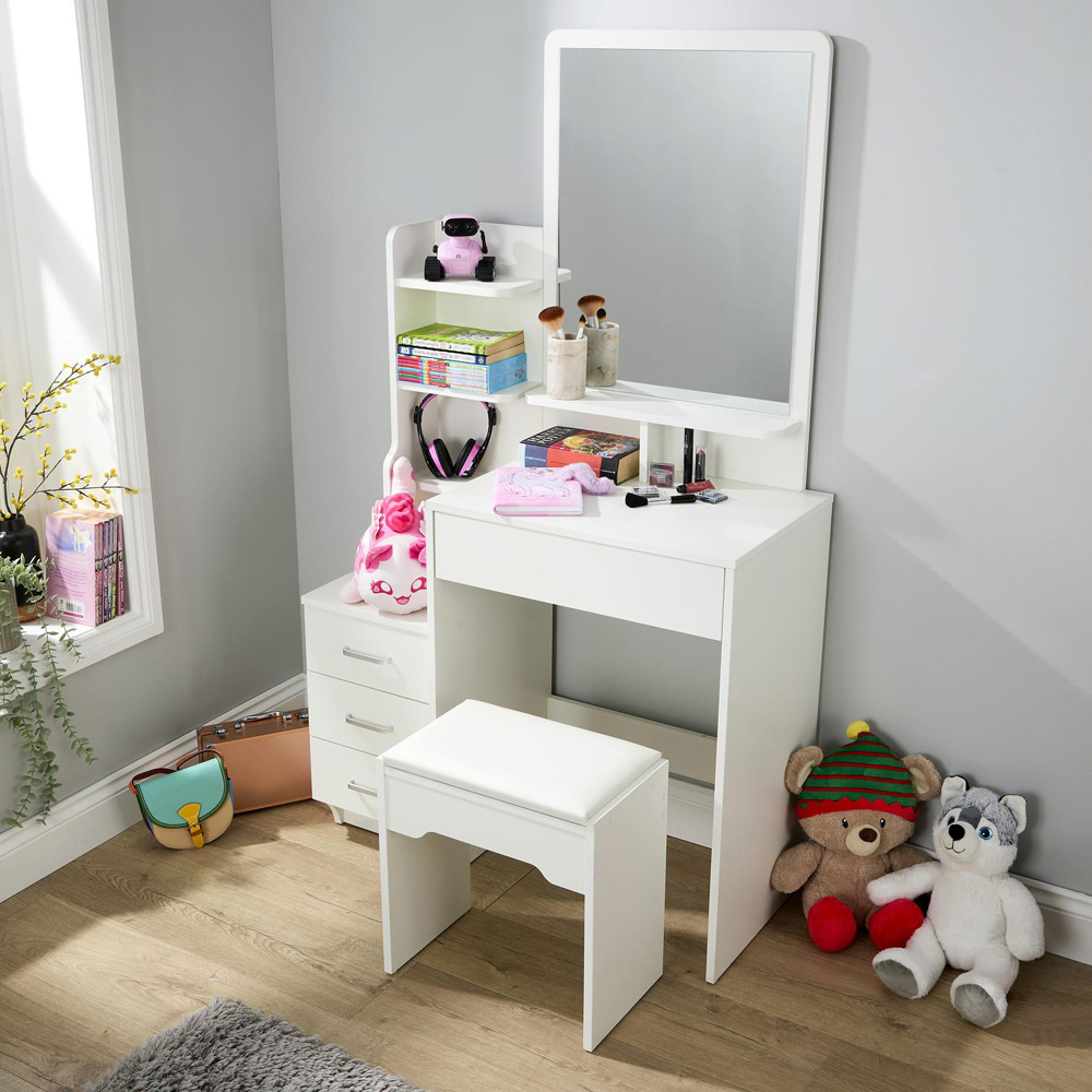 Home Source Arlo 4 Drawer 4 Shelf White Vanity Table and Cushioned Stool Set with Mirror Image 8