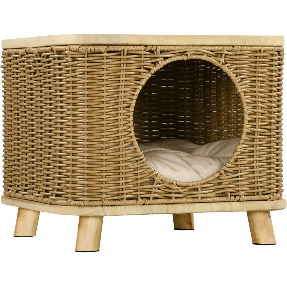 PawHut Light Brown Wicker Cat House Image 1