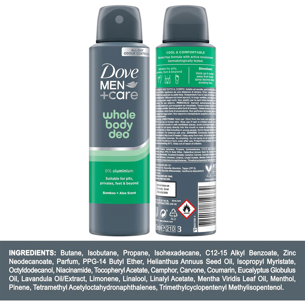 Dove Men+Care Whole Body Bamboo and Aloe 72H Odour Control Deodorant Spray 150ml 6 Pack Image 7