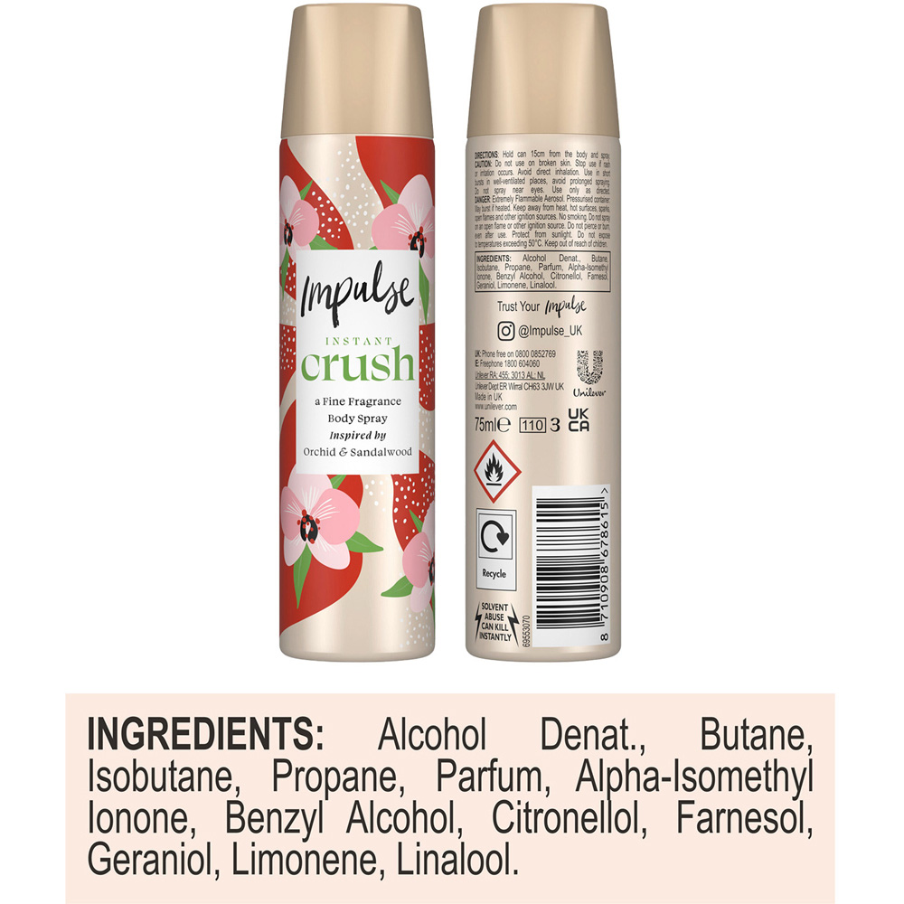 Impulse Instant Crush Blend of Natural Scents Body Spray Deodorant 75ml 6 Pack Image 7