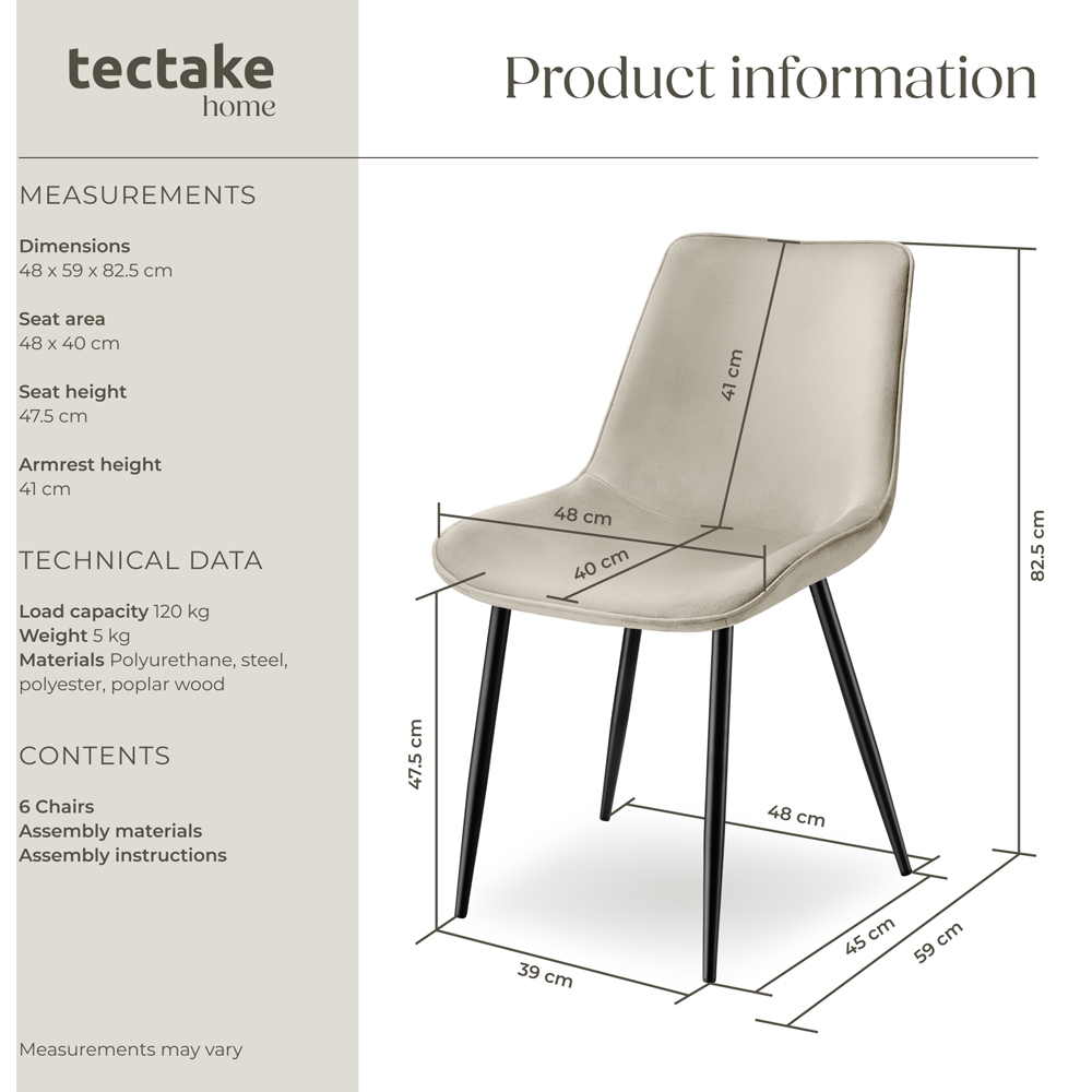 tectake Monroe Set of 6 Cream Velvet Padded Dining Chair Image 9