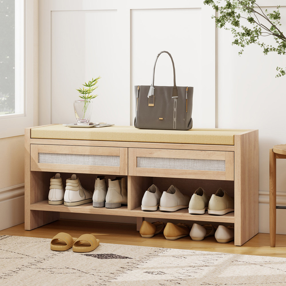 HOMCOM 2 Rattan Drawer Oak Wood Effect Shoe Bench Image 3