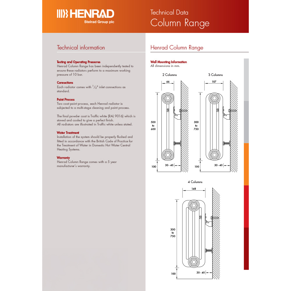 Henrad White 3 Column Radiator 500 x 1038mm Image 4