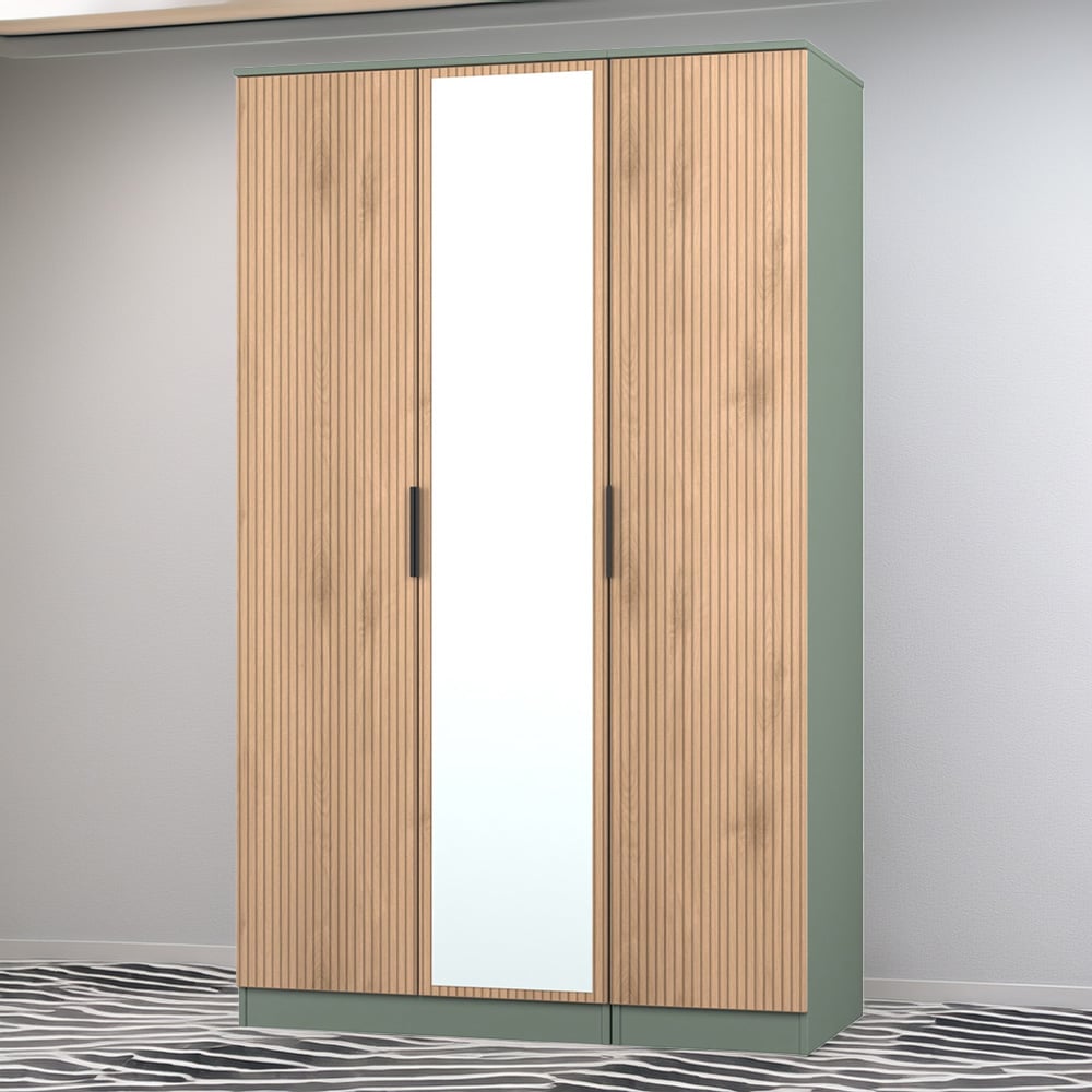 Crowndale Java 3 Door Slatt Effect and Reed Green Mirror Wardrobe | Wilko
