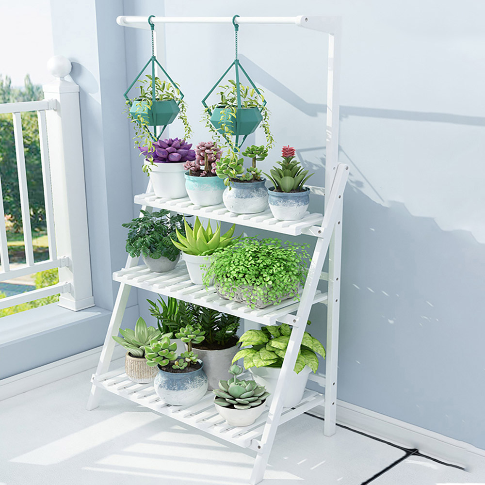 Living and Home 3 Shelf White Foldable Ladder Bookshelf with Hanging Rod Image 1