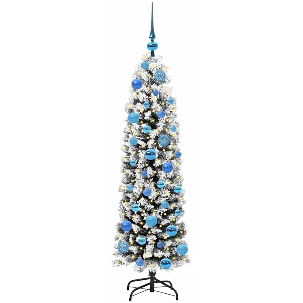 vidaXL Green Snow Flocked Artificial Christmas Tree with LEDs Blue Decoration Ornaments 5ft Image 1