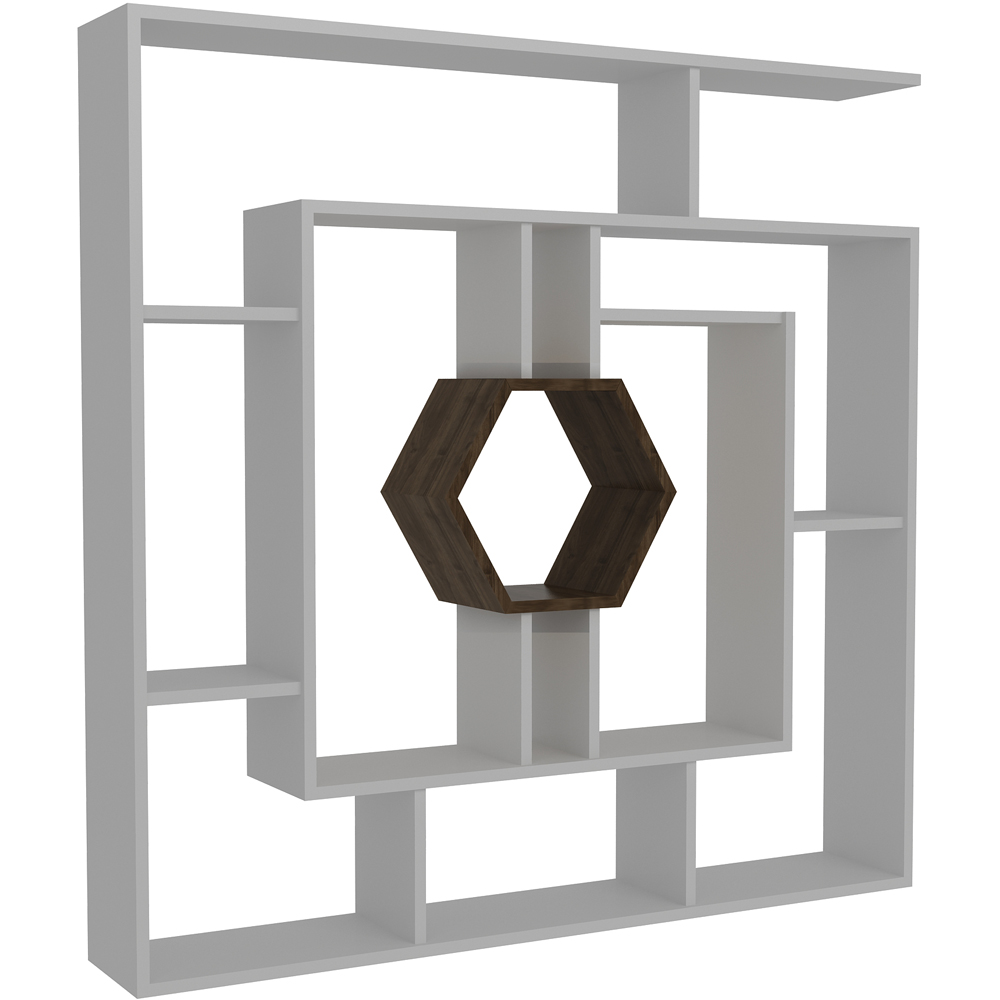 Decorotika Labrina 12 Shelf White and Walnut Hexagonal Geometric Bookcase Image 2
