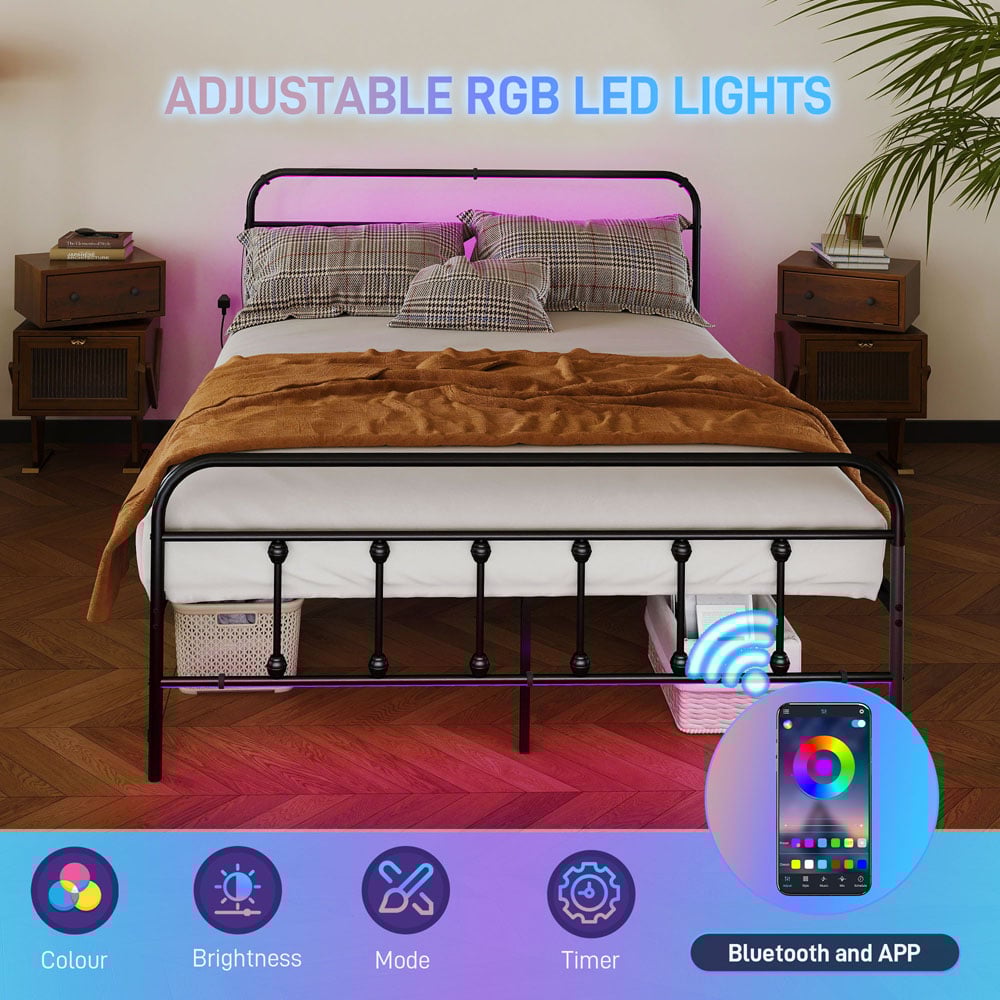 Portland King Black Bed Frame with LED Lights and Charging Station Image 4