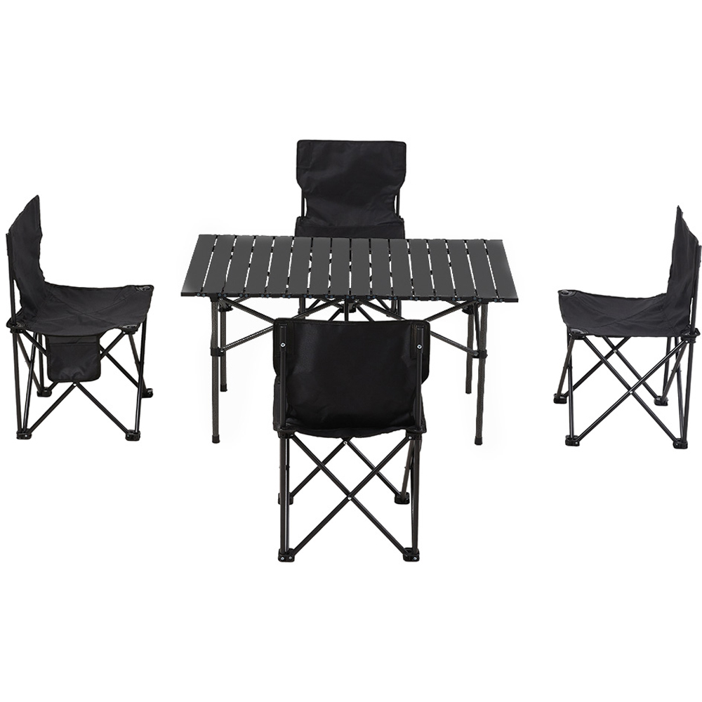 Living and Home 4 Seater Black Portable Folding Camping Table and Chair Set Image 1