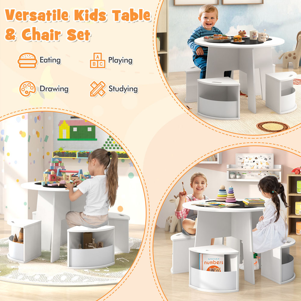 Costway 4 Seater White Kids Table Set with Writable Blackboard Desktop Image 7