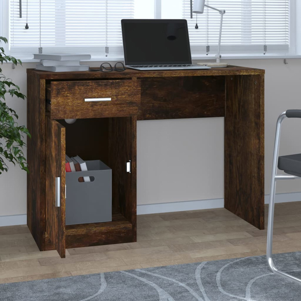 vidaXL Single Door Single Drawer Computer Desk Smoked Oak Image 5
