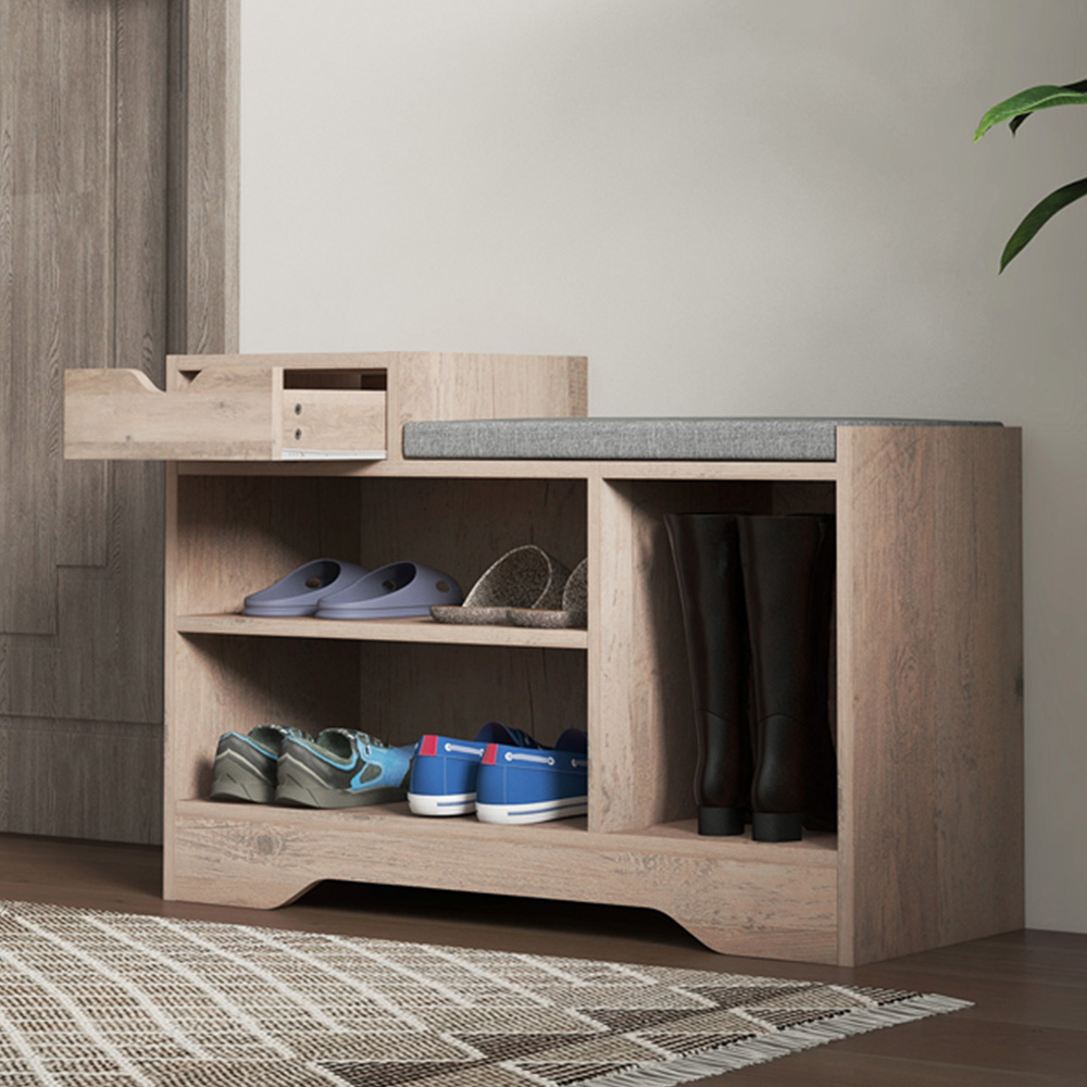 HOMCOM Single Drawer 3 Shelf Distressed Grey Upholstered Shoe Bench Image 1