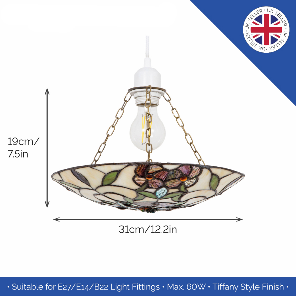 Happy Homewares Tiffany Stained Glass Pendant Shade with Forest Green Leaves Image 6