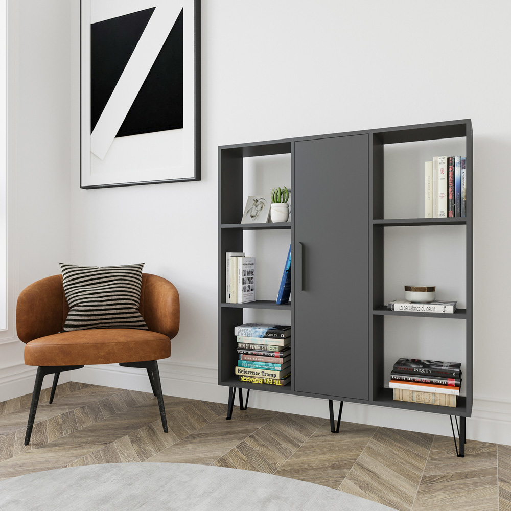 Decorotika Peoria Single Door 6 Shelf Anthracite Bookcase Image 3