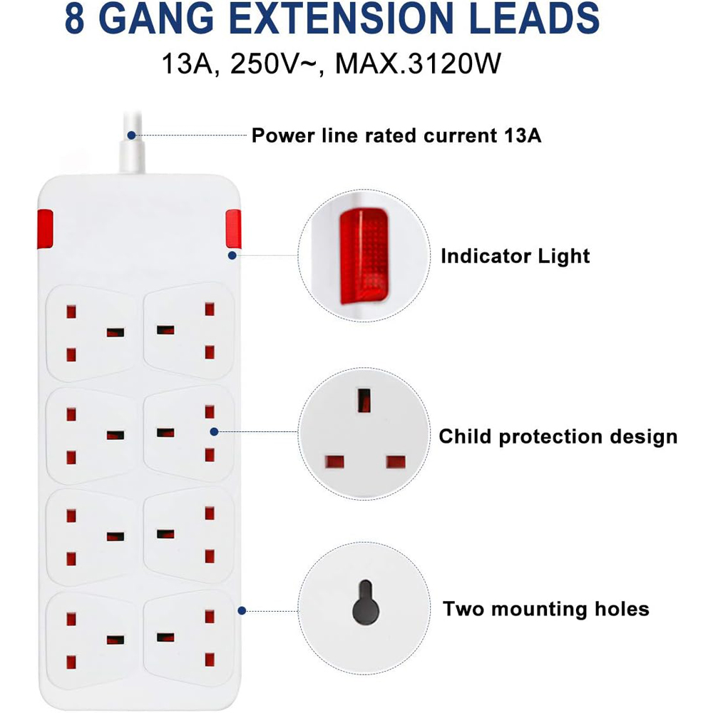 ExtraStar 13A 1m 8 Socket Child Resistant White Extension Lead with Indicate Light Image 3
