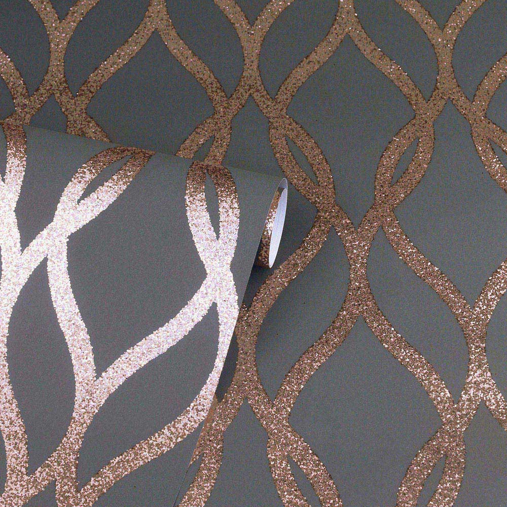 Arthouse Sequin Trellis Charcoal and Rose Gold Wallpaper Image 2