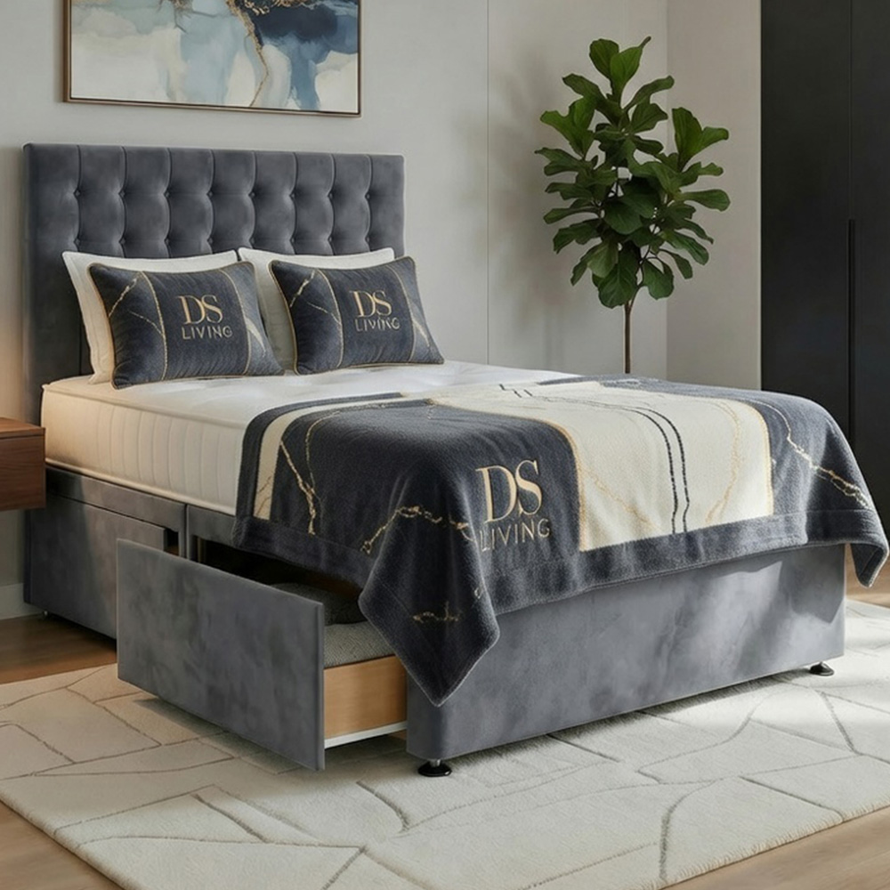 DS Living Casia Single Grey Plush Velvet Divan Bed with 2 Drawer Image 1