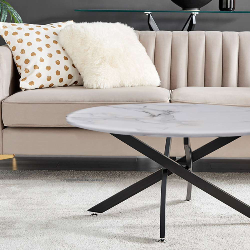 Furniturebox Arona Round White Marble Effect Glass Coffee Table with Black Legs Image 3