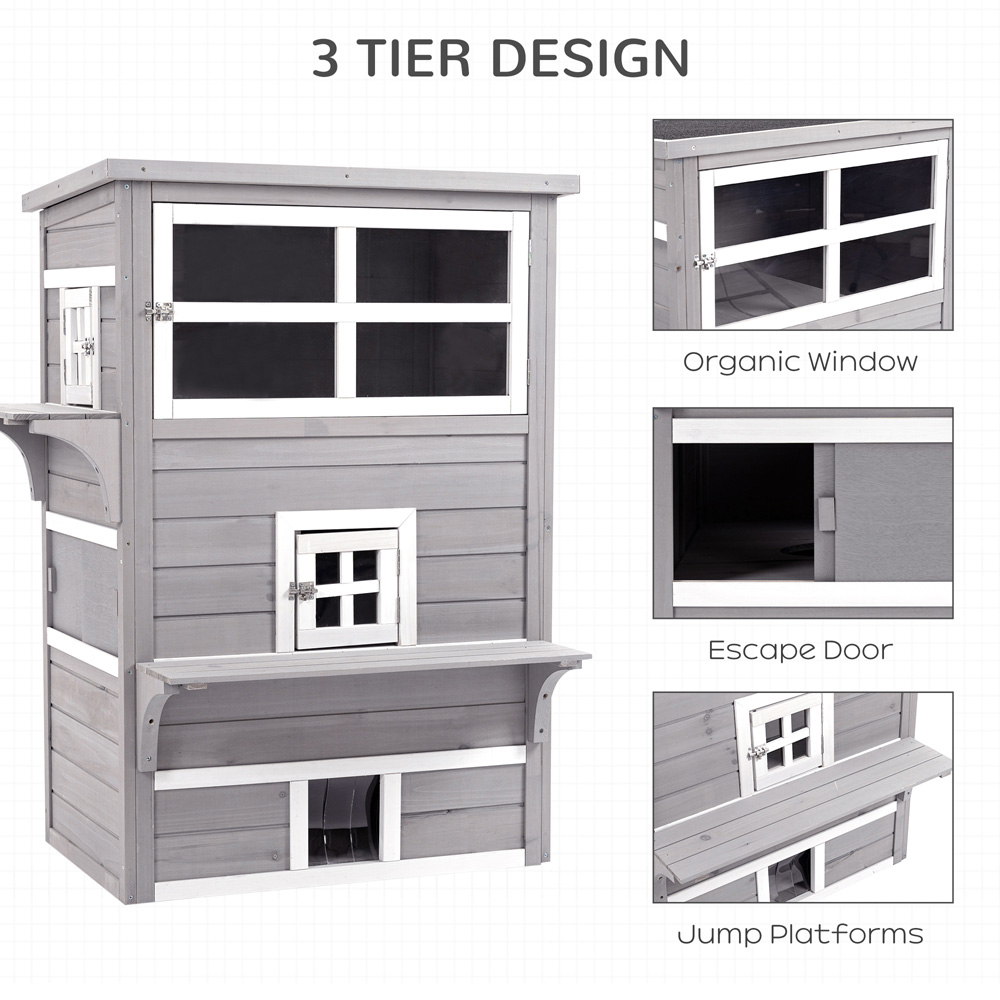 PawHut Grey Wooden 3 Tier Kitten Shelter Image 4