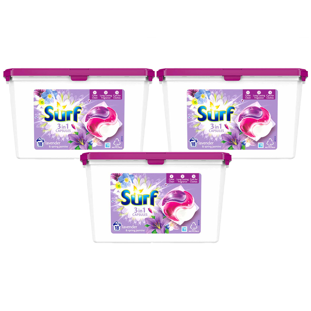 Surf 3 in 1 Lavender Laundry Washing Capsules 18 Washes Case of 3 Image 1